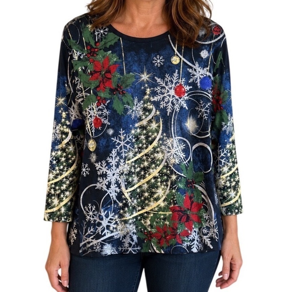 NEW Jess & Jane Large Christmas Joy Black Blue Tree Poinsettia Top cotton